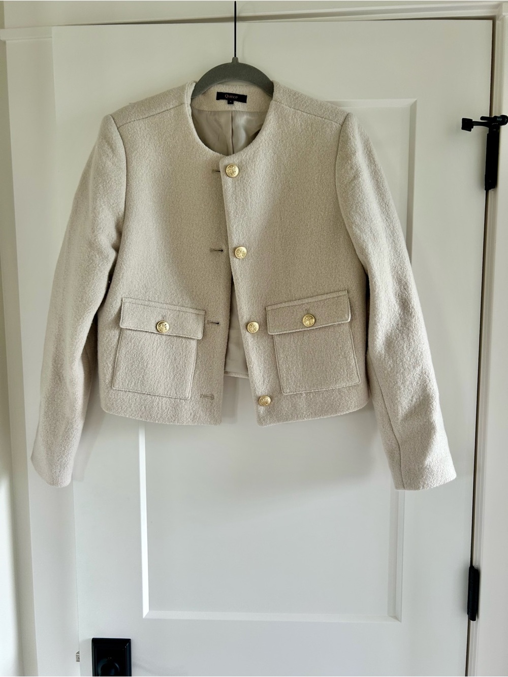 Quince 100% Wool Cream Collarless Tweed Jacket with Gold Buttons